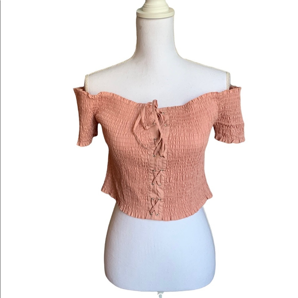 Ambiance On or Off Shoulder Smocked Short Sleeve Tie front Crop top size…